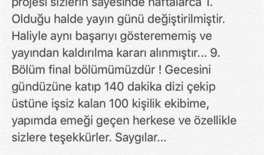 REYTİNGLERDE İLK SIRADAYDI... Daha önce cumartesi günleri yayınlanan dizinin geçen hafta yayın günü değişmiş ve pazartesi gününe alınmıştı. Bu değişiklikle beraber reytinglerde büyük bir düşüş yaşayan dizinin yayın hayatına son verildi. Rüzgârın Kalbi dizisinin başrol oyuncusu Burak Serdar Şanal da bu karara sosyal medya üzerinden sitem dolu sözler sarf etti.

DEVAM ETMEK İÇİN FOTOĞRAFA TIKLAYIN
