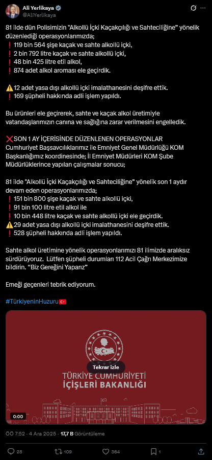 Screenshot 2025 12 04 At 08 55 19 Xte Ali Yerlikaya 81 Ilde Dun Polisimizin Alkollu Icki Kacakciligi Ve Sahteciligine Yonelik Duzenledigi Operasyonlarimizda 119 Bin 564 Sise Kacak Ve Sahte Alkollu Icki 2 Bin 792 Li
